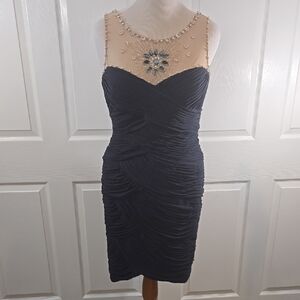 Adrianna Papell Blue and White Ruched Sheath Dress